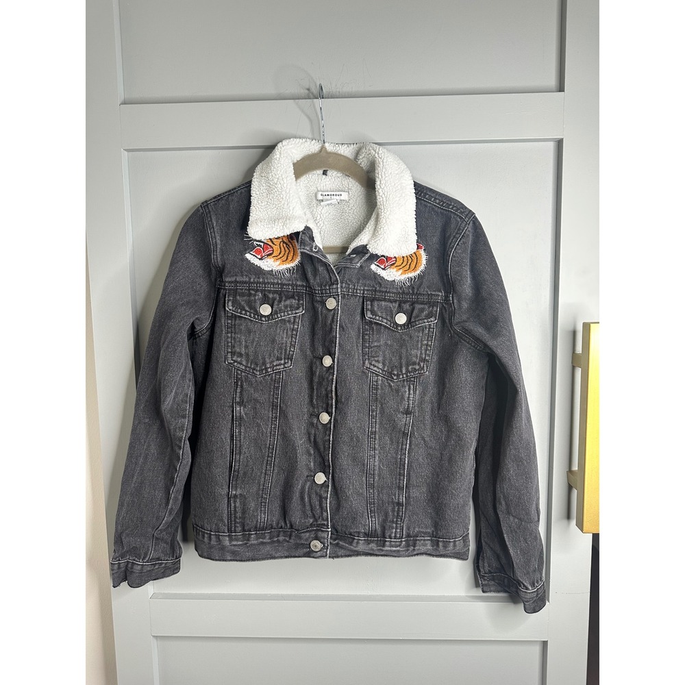 Glamorous Denim Sherpa Lined Jacket Black Tiger Embroidered Women Size‎ Small